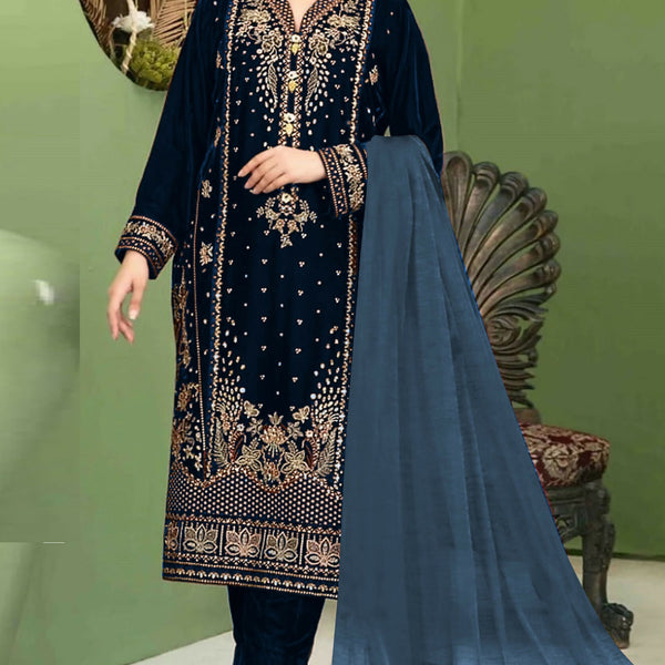 Anaita Navy Blue Velvet Suit with Embroidery Sequence Work