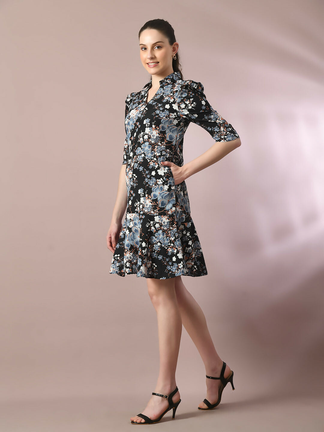 Myshka Women's Black Printed Shirt Collar Fit and Flare Party Dress - Distacart