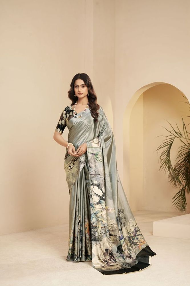Hypnotex Premium Digital Print Sarees On Silk Crepe Digital Prints-Steel Grey