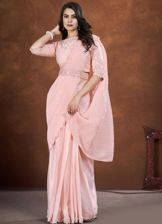 Light Peach Crepe Satin Silk Embroidered Saree with stitched Blouse - Mohmanthan Saha Saki - Distacart