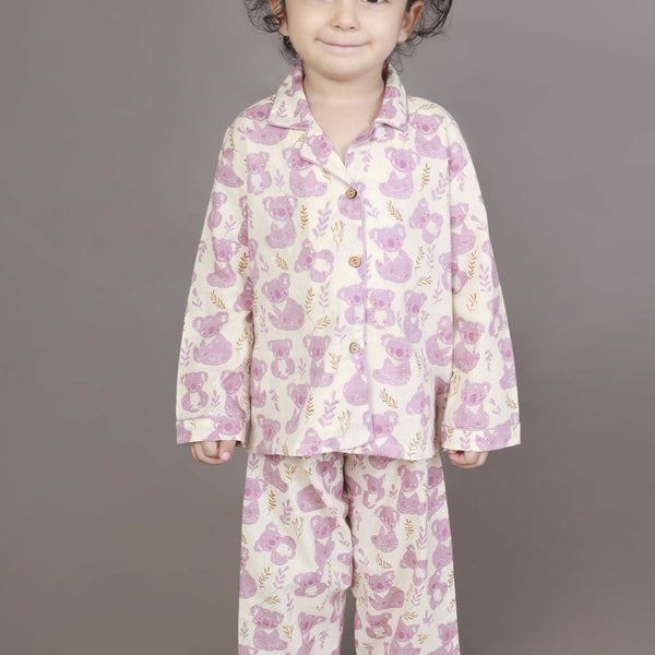 Breathables Kids Cotton Night Suit – White & Pink Teddy Shirt & Pyjama Co-Ord Set For Boys & Girls - Dista