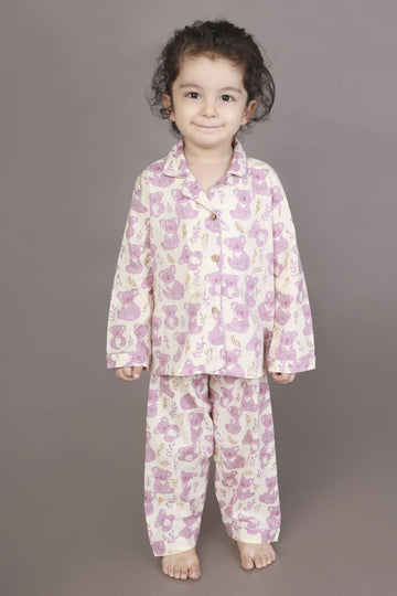 Breathables Kids Cotton Night Suit – White & Pink Teddy Shirt & Pyjama Co-Ord Set For Boys & Girls - Dista