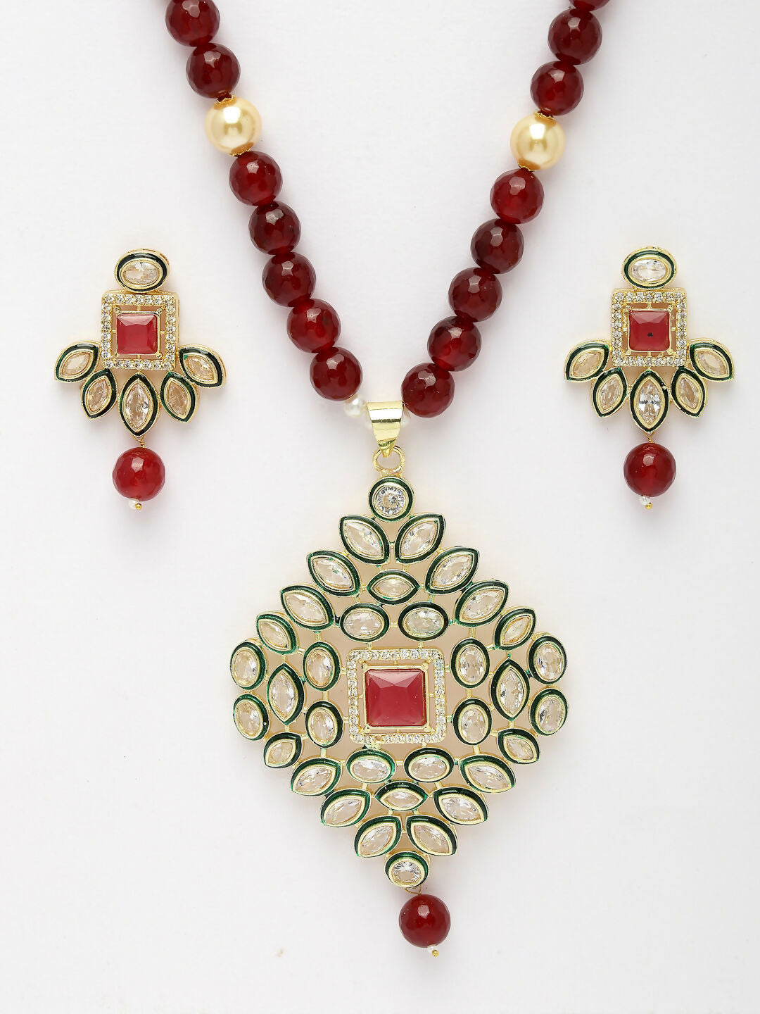 NVR Women's Red Kundan-Studded & Beaded Handcrafted Jewellery Set - Distacart