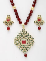 Thumbnail for NVR Women's Red Kundan-Studded & Beaded Handcrafted Jewellery Set - Distacart