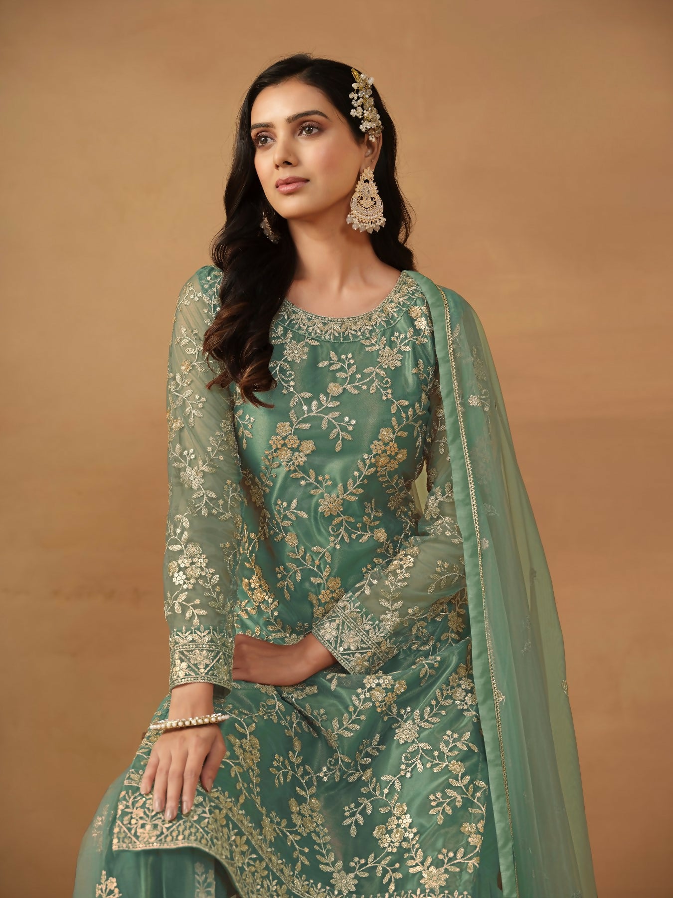 Anaita Green Embroidered Net Salwar Suit - Distacart