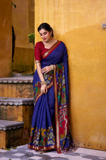 Thumbnail for Vastranavya Blue Viscose Chanderi Kalamkari Print with Zari Working Saree & Unstitched Blouse - Distacart