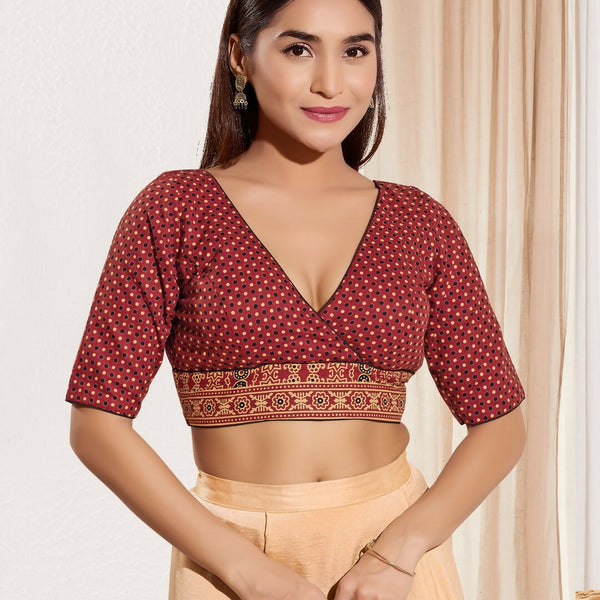 Joban Fashion Maroon Cotton Padded Blouse With V Neck Elbow Sleeves - Distacart