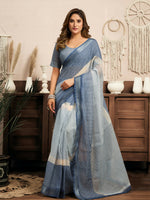 Thumbnail for Joban Fashion Cream & Blue Striped Linen Ready To Wear Saree With Unstitched Blouse - Distacart