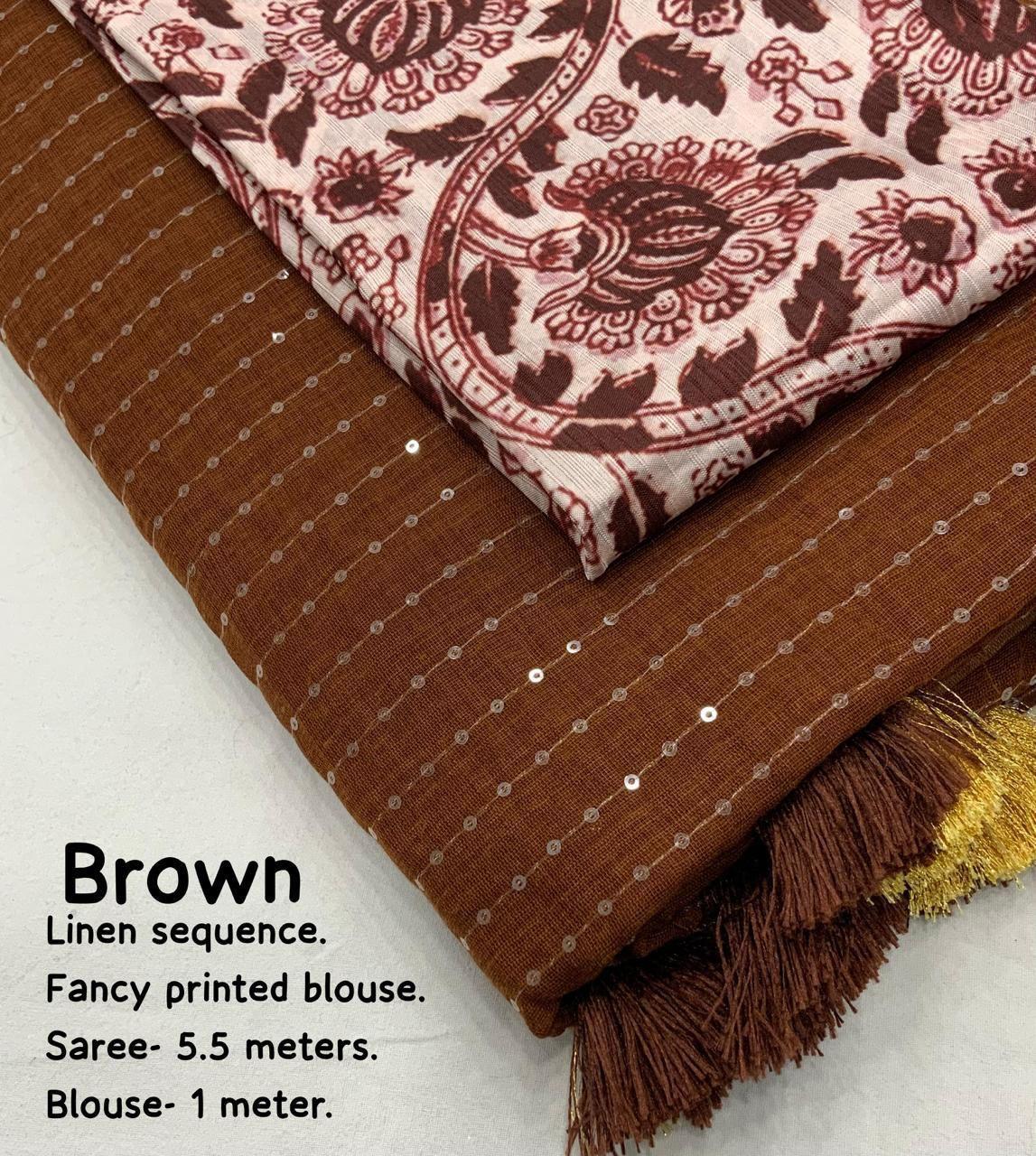 Brown Linen Sequence Saree with Unstitched Blouse - Hiral Fashion - Distacart