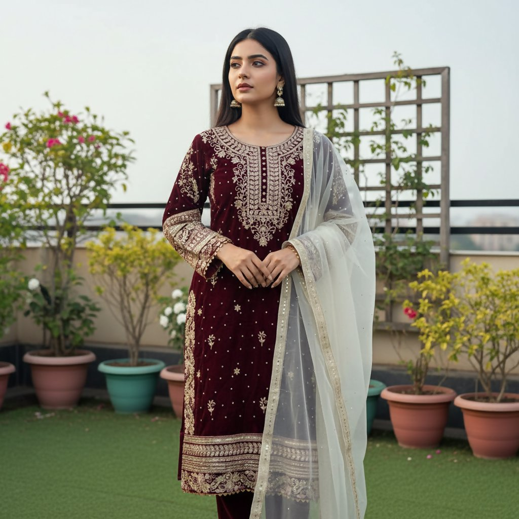 Teeya Creation Maroon Color Velvet Designer Embroidery Work party Wear Suit