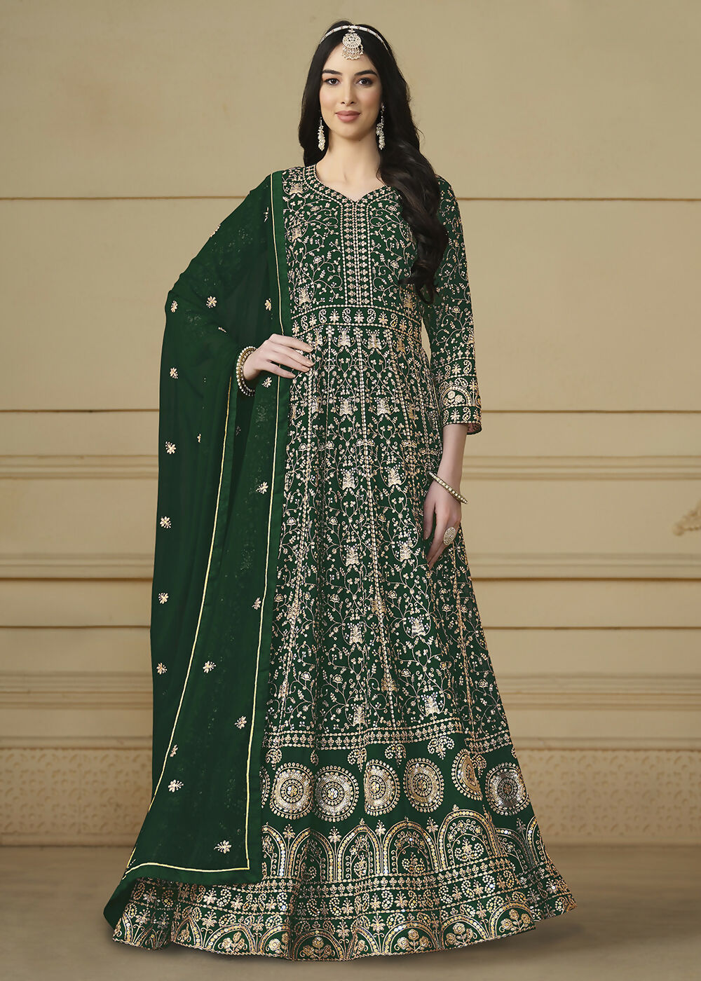 Bottle Green Embroidered Trendy Style Anarkali Suit - Emponline - Distacart