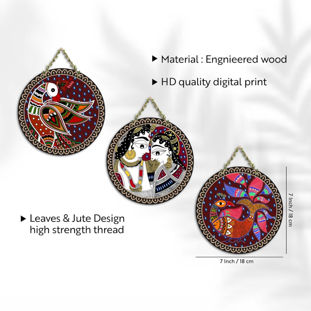 Artvibes Madhubani Folk Art Round Shape MDF Wooden Wall Decor Items - Dista