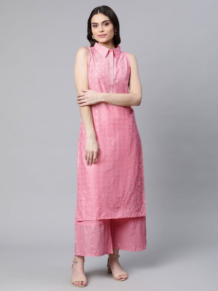 Ahalyaa Women Light Pink Colour Pure Cotton Printed Kurta Palazzo Set - Distacart