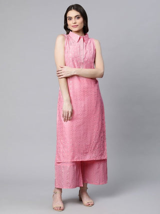 Ahalyaa Women Light Pink Colour Pure Cotton Printed Kurta Palazzo Set - Distacart