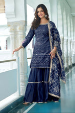 Thumbnail for Teeya Creation Blue Colour Chinnon Silk Heavy Embroidery Work Fully Stitched Salwar Suit - Distacart