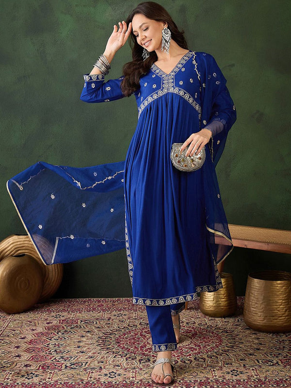 Sangria Embroidered Zari Sequence Kurta & Trouser With Dupatta