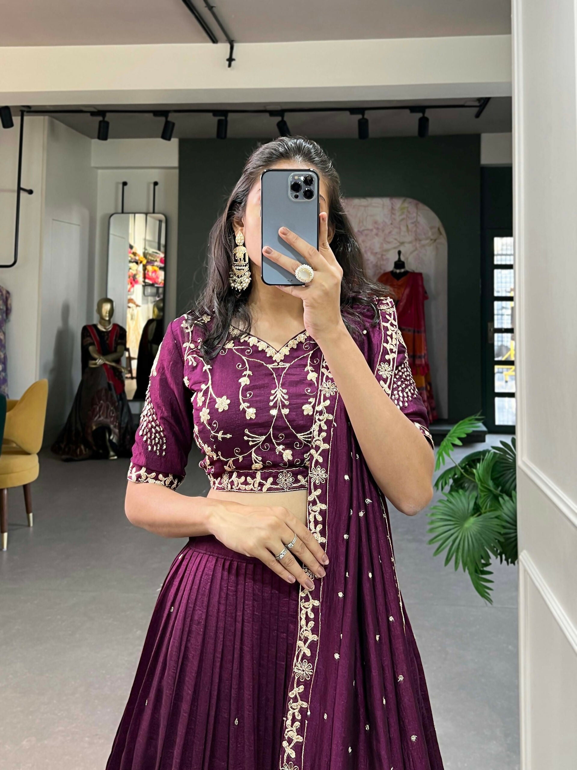 Vastranavya Vichitra Silk Sequins And Thread Embroidery Work Lehenga Choli - Wine - Distacart