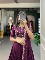 Thumbnail for Vastranavya Vichitra Silk Sequins And Thread Embroidery Work Lehenga Choli - Wine - Distacart