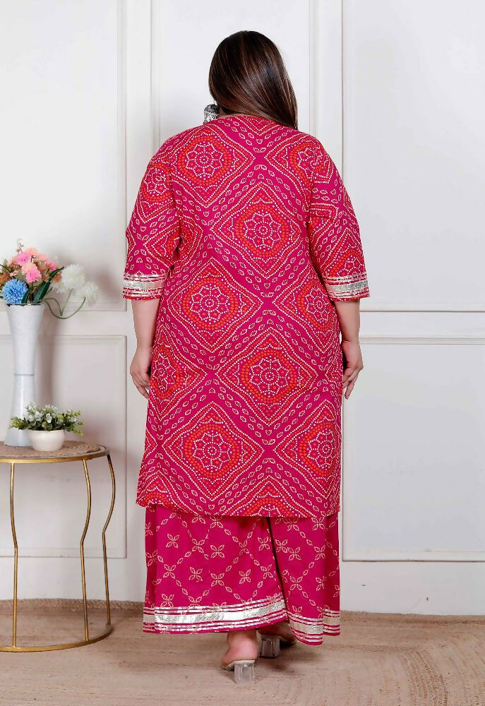 Miravan Plus Size Women'S Pink Bandhani Printed Straight Kurta With Palazzo & Dupatta - Distacart