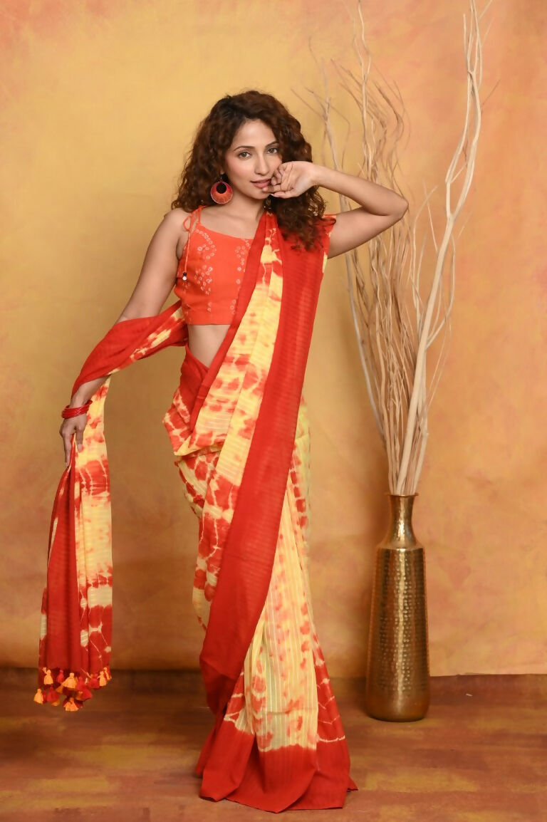 Very Much Indian Tie & Dye Handloom Mul Cotton Saree - Yellow Red - Distacart