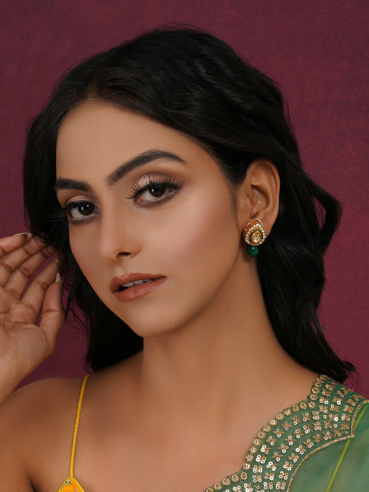 Emerald Stone Kundan Studs (Gold) - Ruby Raang - Distacart