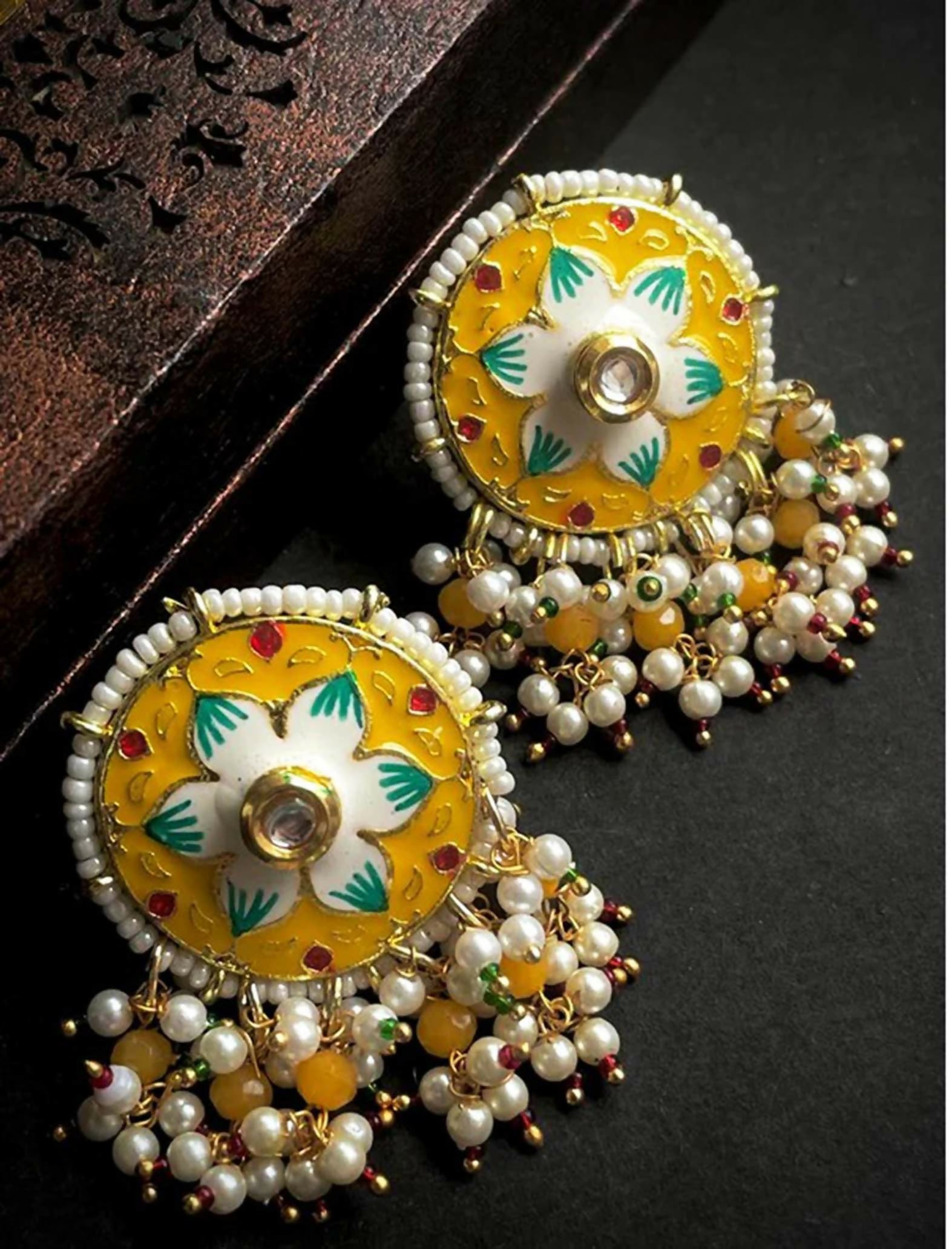 Joban Fashion Women Yellow Meenakari Flower Print Ethnic Trendy Stud Earring