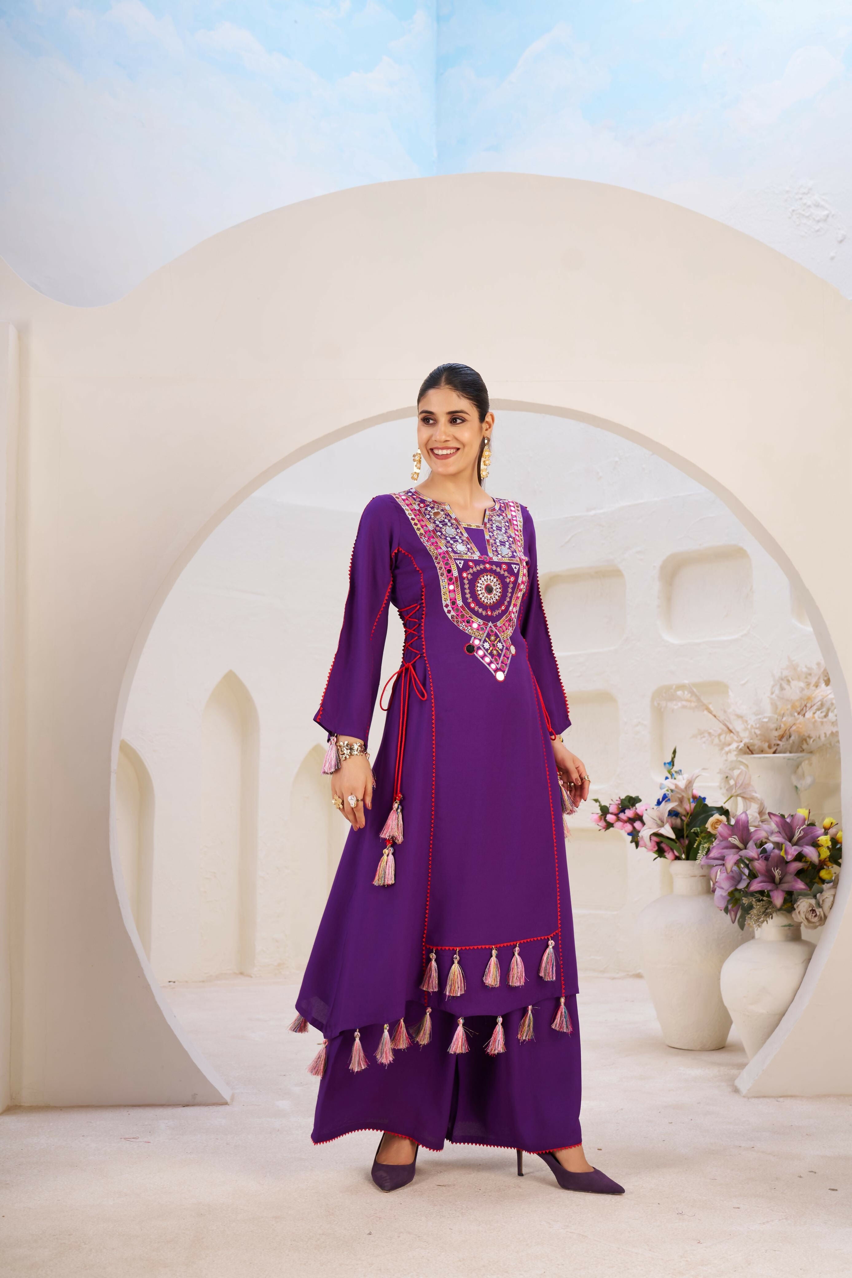 Joban Fashion Purple Palazzo Rayon Coding Dori with Sequence with Rivet Moti
