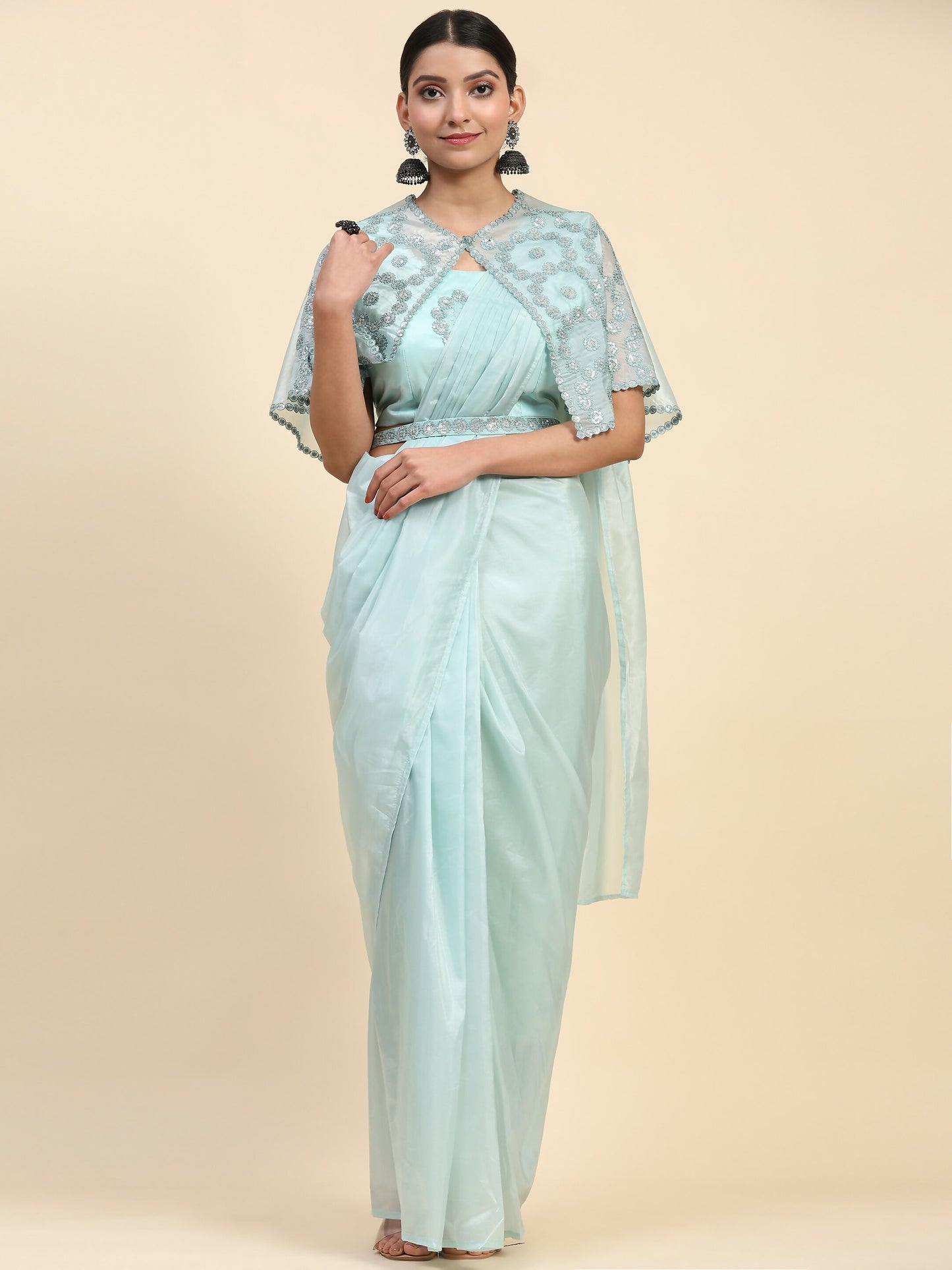 Blue Satin Solid Ready to wear Saree with stitched Blouse - Vanita - Distacart