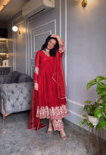 Thumbnail for Preksha Creation Indian Women Red Alia Cut Gown Pure Chinon Silk & Crush With Embroidery Work With Fancy Full Sleeves With Palazzo and Dupatta - Distacart