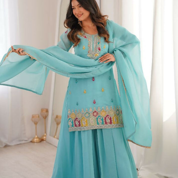 Teeya Creation Sky Blue Color Soft Crunchy Silk Party Wear Designer Sharara set - Distacart