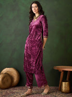 Thumbnail for Sangria Embroidered Straight Velvet Kurta