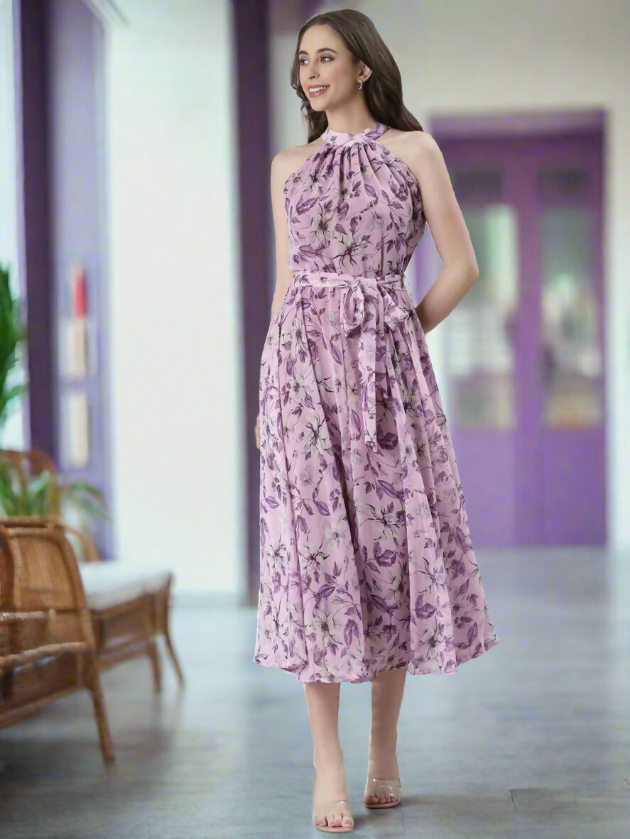 Souchii Lavender Floral Chiffon Dress -Souchii
