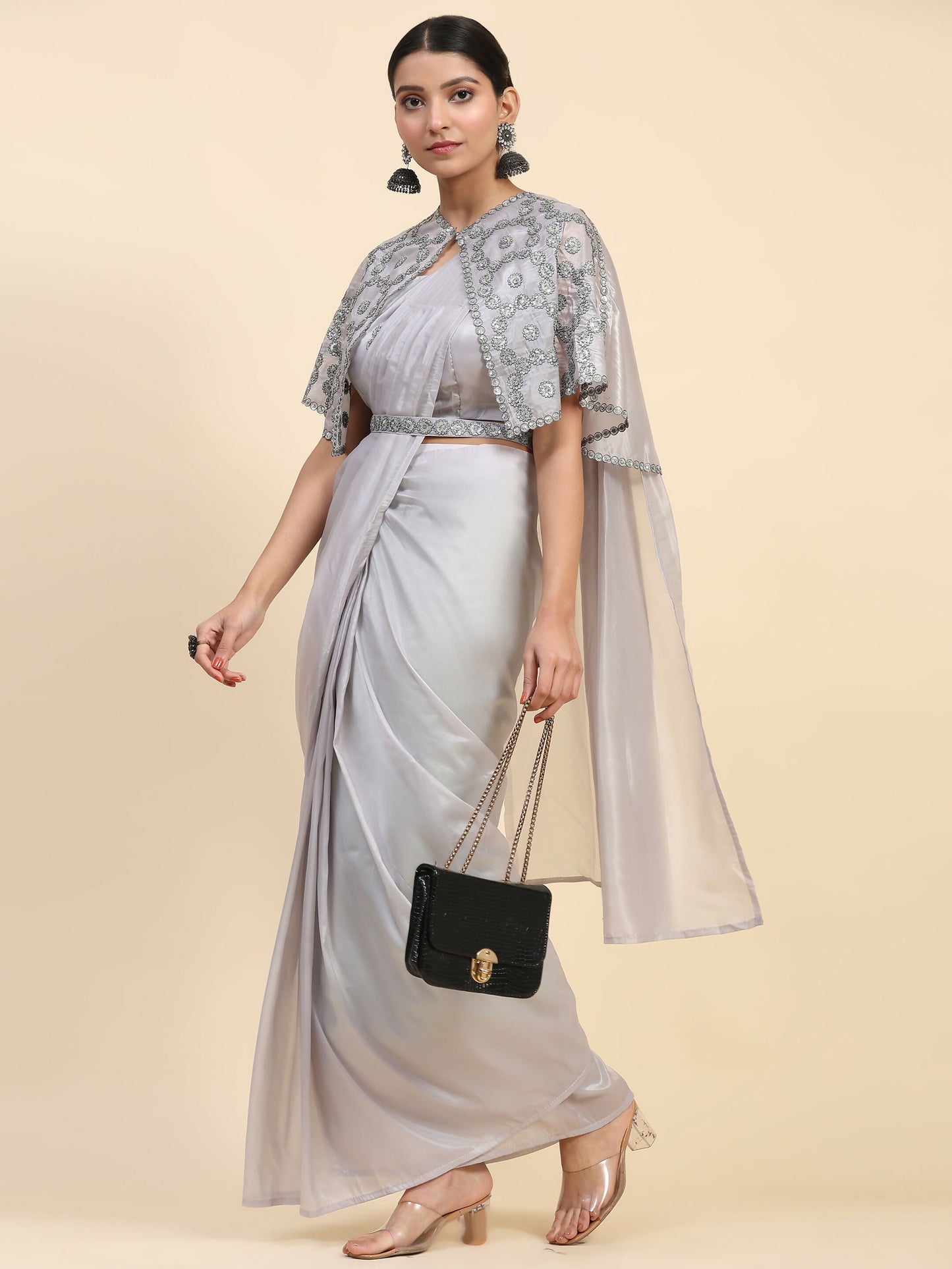 Grey Satin Solid Ready to wear Saree with stitched Blouse - Vanita - Distacart