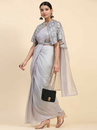 Thumbnail for Grey Satin Solid Ready to wear Saree with stitched Blouse - Vanita - Distacart