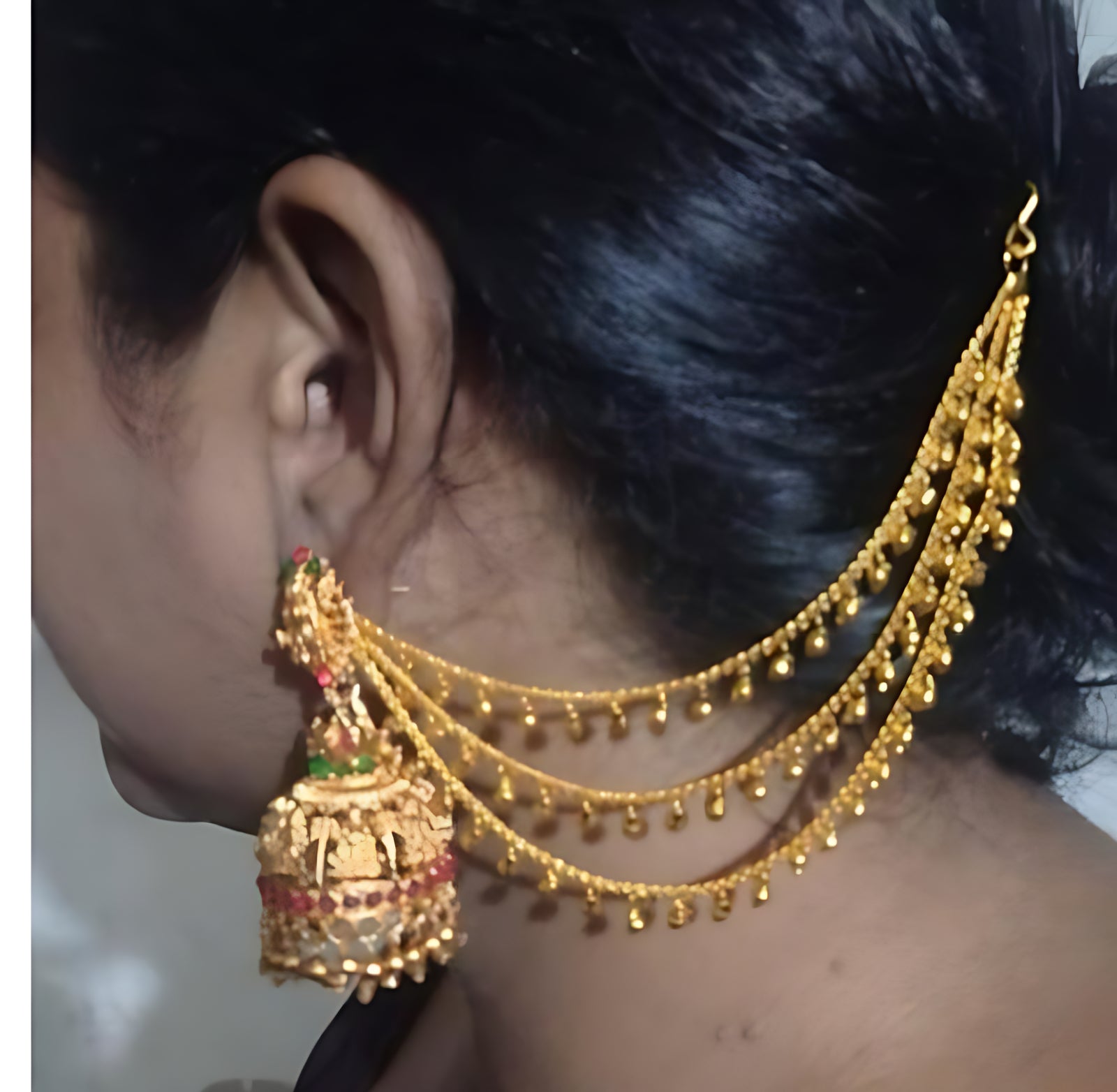 Jewel City Antique Gold Temple Jhumka Earrings - Traditional South Indian Wedding Jewelry Set with Ear Chain