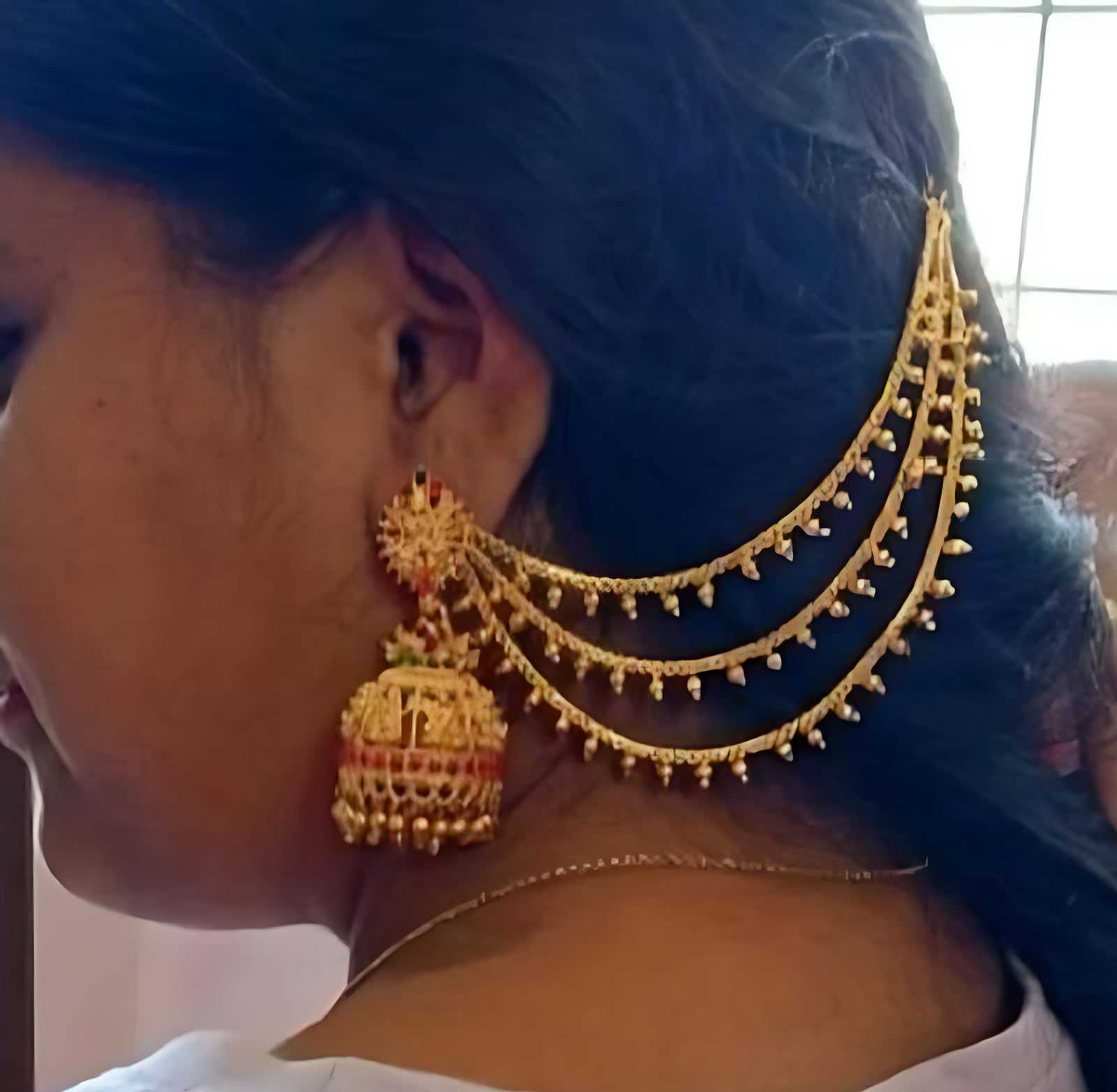 Jewel City Antique Gold Temple Jhumka Earrings - Traditional South Indian Wedding Jewelry Set with Ear Chain