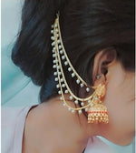 Thumbnail for Jewel City Temple Lakshmi Design Jhumka with Pearl Ear Chain - Antique Gold South Indian Traditional Earring