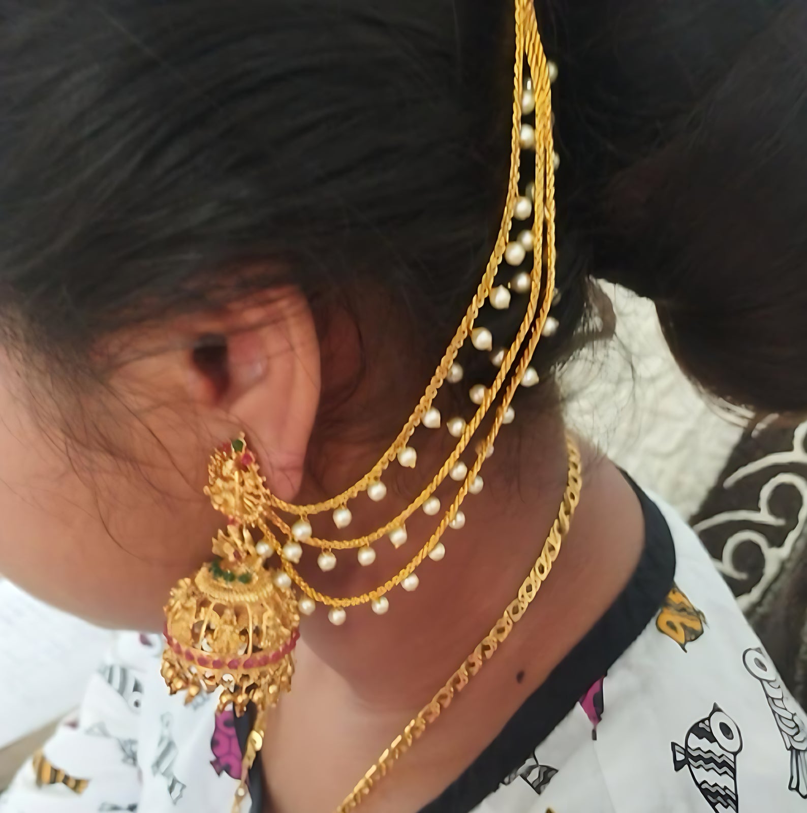 Jewel City Temple Lakshmi Design Jhumka with Pearl Ear Chain - Antique Gold South Indian Traditional Earring