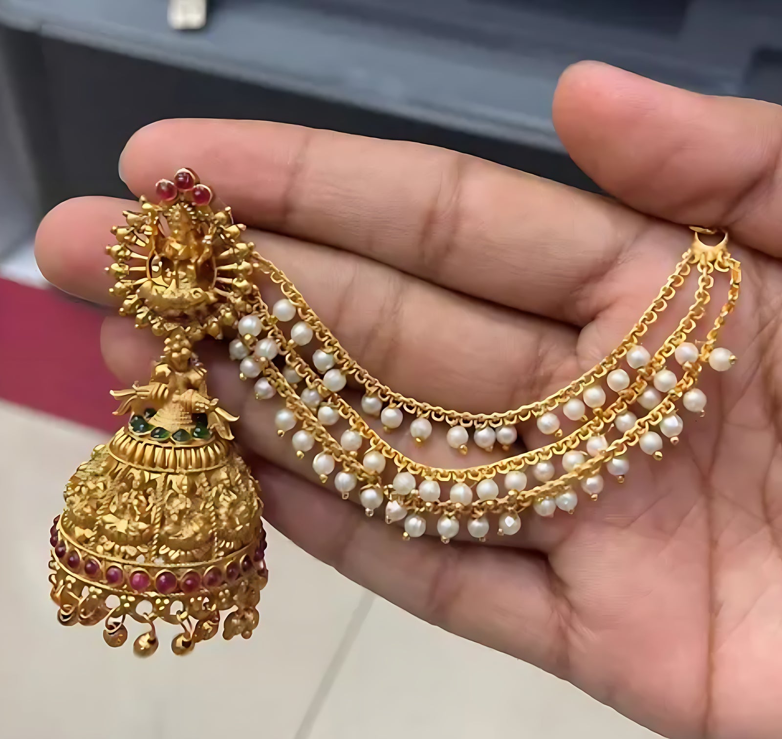 Jewel City Temple Lakshmi Design Jhumka with Pearl Ear Chain - Antique Gold South Indian Traditional Earring