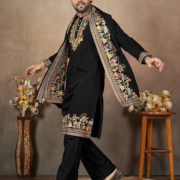 Anaita Black Embroidery & Sequence Work Silk Straight Kurta Set - Distacart