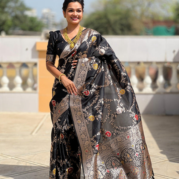 Vedant Vastram Soft Litchi Silk Banarasi Silk Jacquard Saree - Black - Dista
