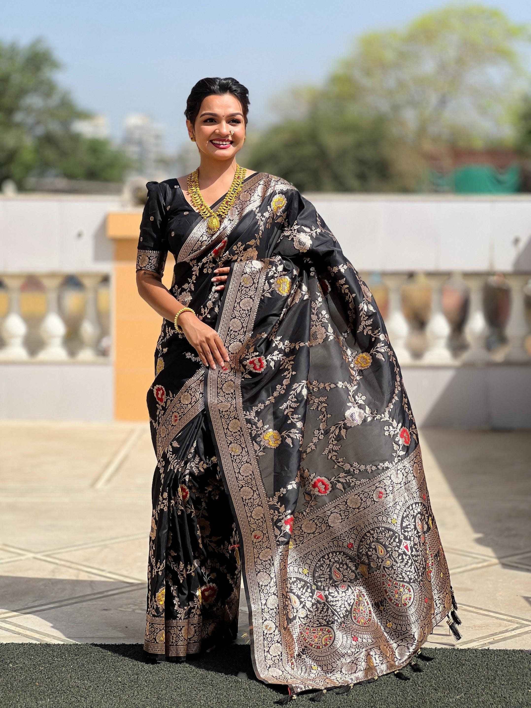 Vedant Vastram Soft Litchi Silk Banarasi Silk Jacquard Saree - Black - Dista