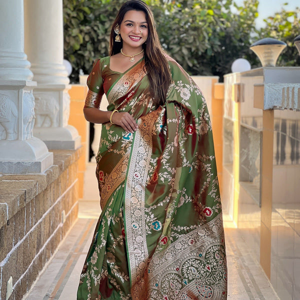 Vedant Vastram Soft Litchi Silk Banarasi Silk Jacquard Saree - Mahendi - Distacart