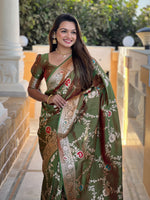 Thumbnail for Vedant Vastram Soft Litchi Silk Banarasi Silk Jacquard Saree - Mahendi - Distacart