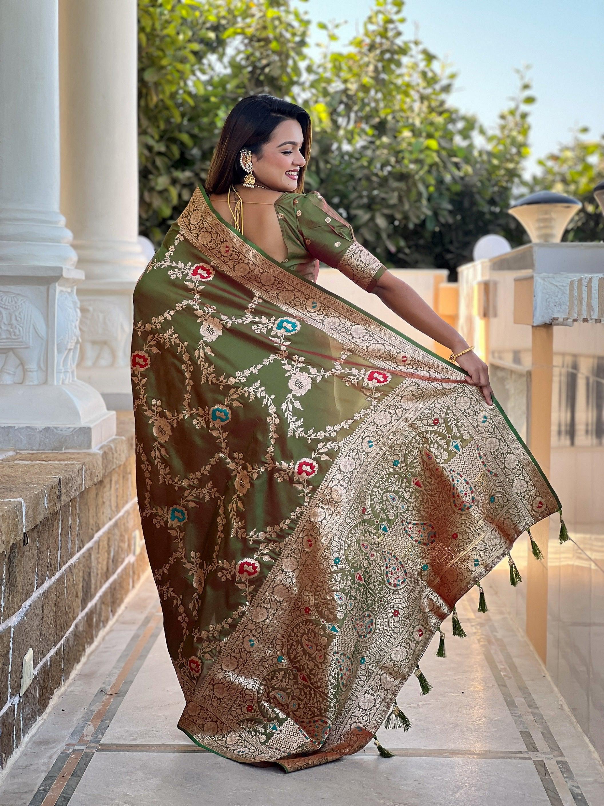 Vedant Vastram Soft Litchi Silk Banarasi Silk Jacquard Saree - Mahendi - Distacart