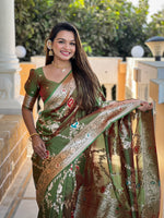 Thumbnail for Vedant Vastram Soft Litchi Silk Banarasi Silk Jacquard Saree - Mahendi - Distacart