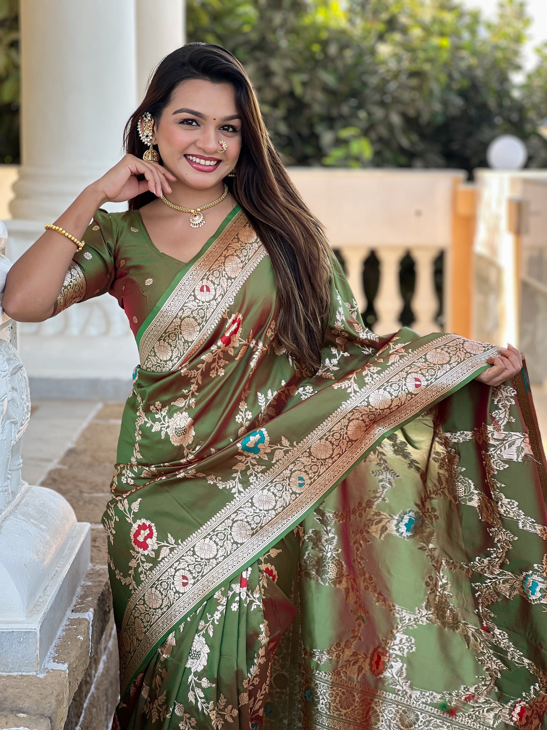 Vedant Vastram Soft Litchi Silk Banarasi Silk Jacquard Saree - Mahendi - Distacart