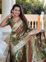 Thumbnail for Vedant Vastram Soft Litchi Silk Banarasi Silk Jacquard Saree - Mahendi - Distacart
