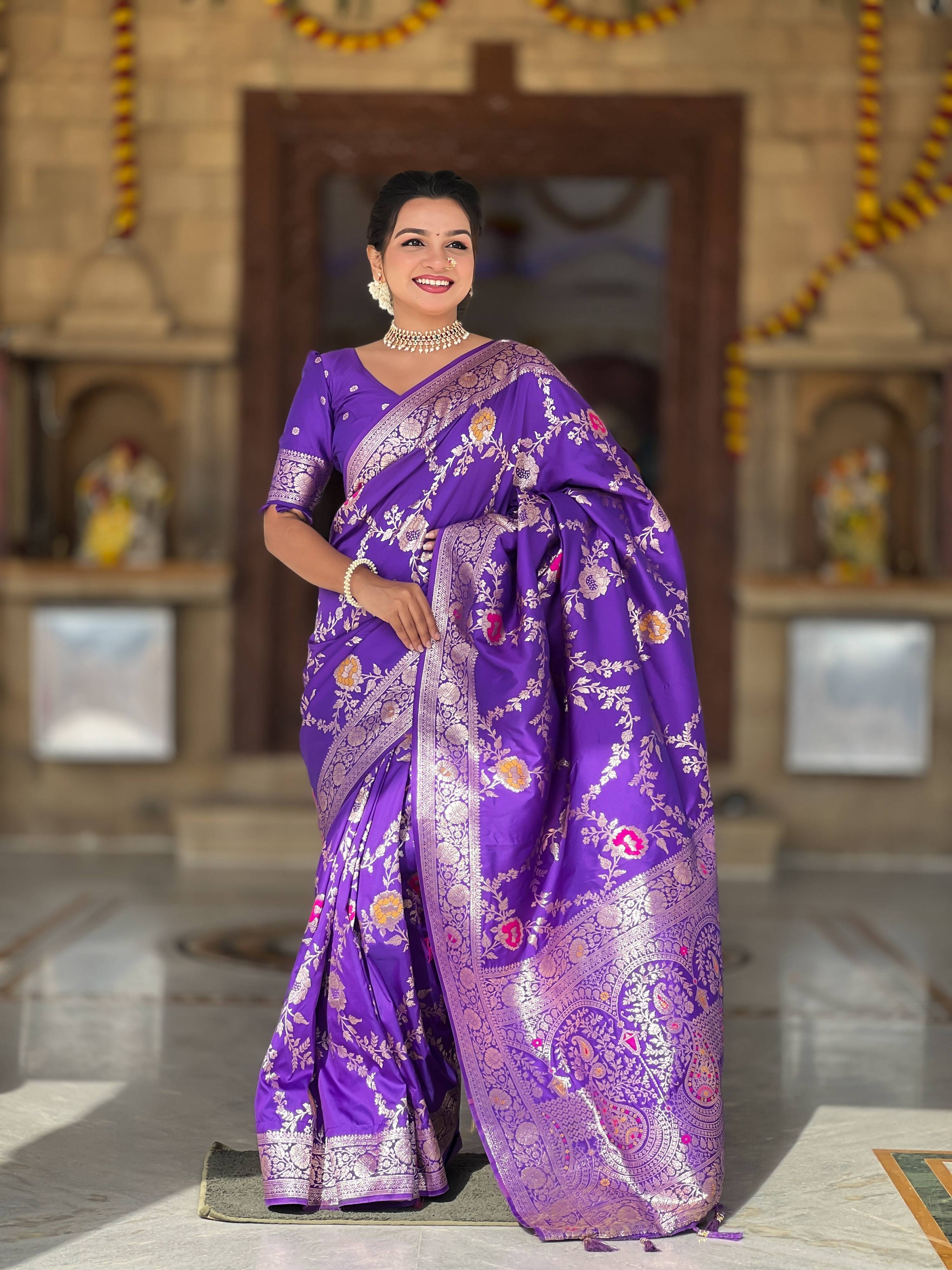 Vedant Vastram Soft Litchi Silk Banarasi Silk Jacquard Saree - Violet - Dista