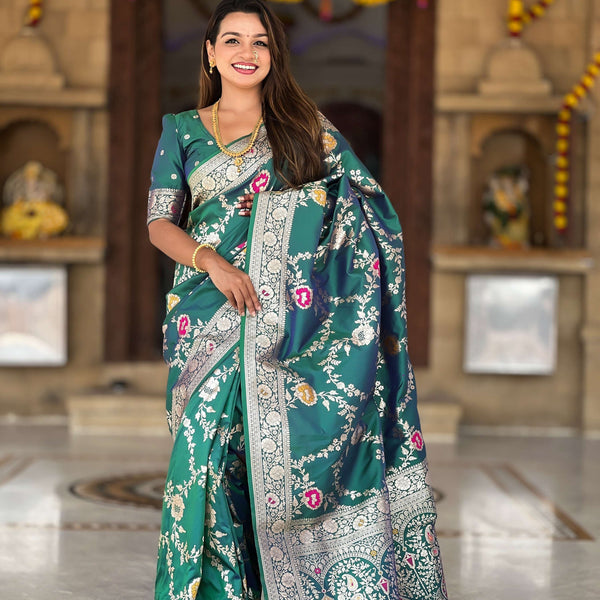 Vedant Vastram Soft Litchi Silk Banarasi Silk Jacquard Saree - Rama - Dista